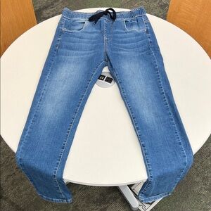 Worn once ALEMBIKA jeans blue denim pants with elastic waist and drawstring sz 1